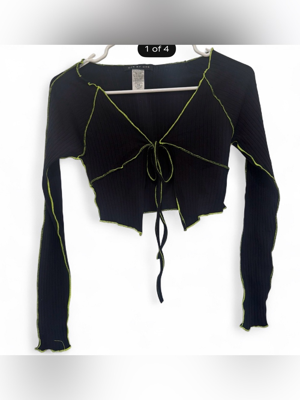 One by One Black Ribbed Tie-Front Long-Sleeve Crop Cardigan with Lime Stitching
